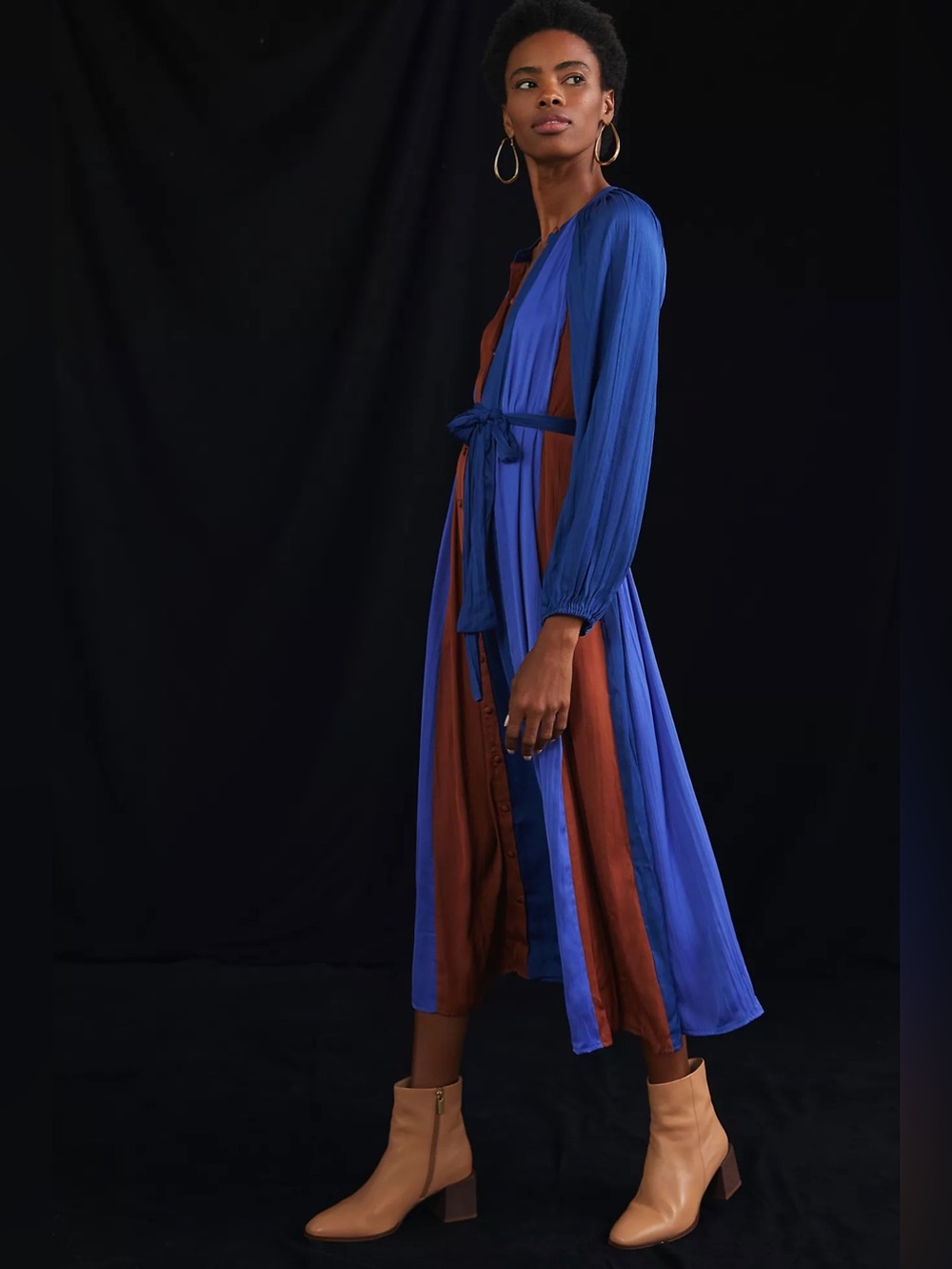 Anthropologie Maeve Colorblock Satin Long Sleeve Midi Dress
